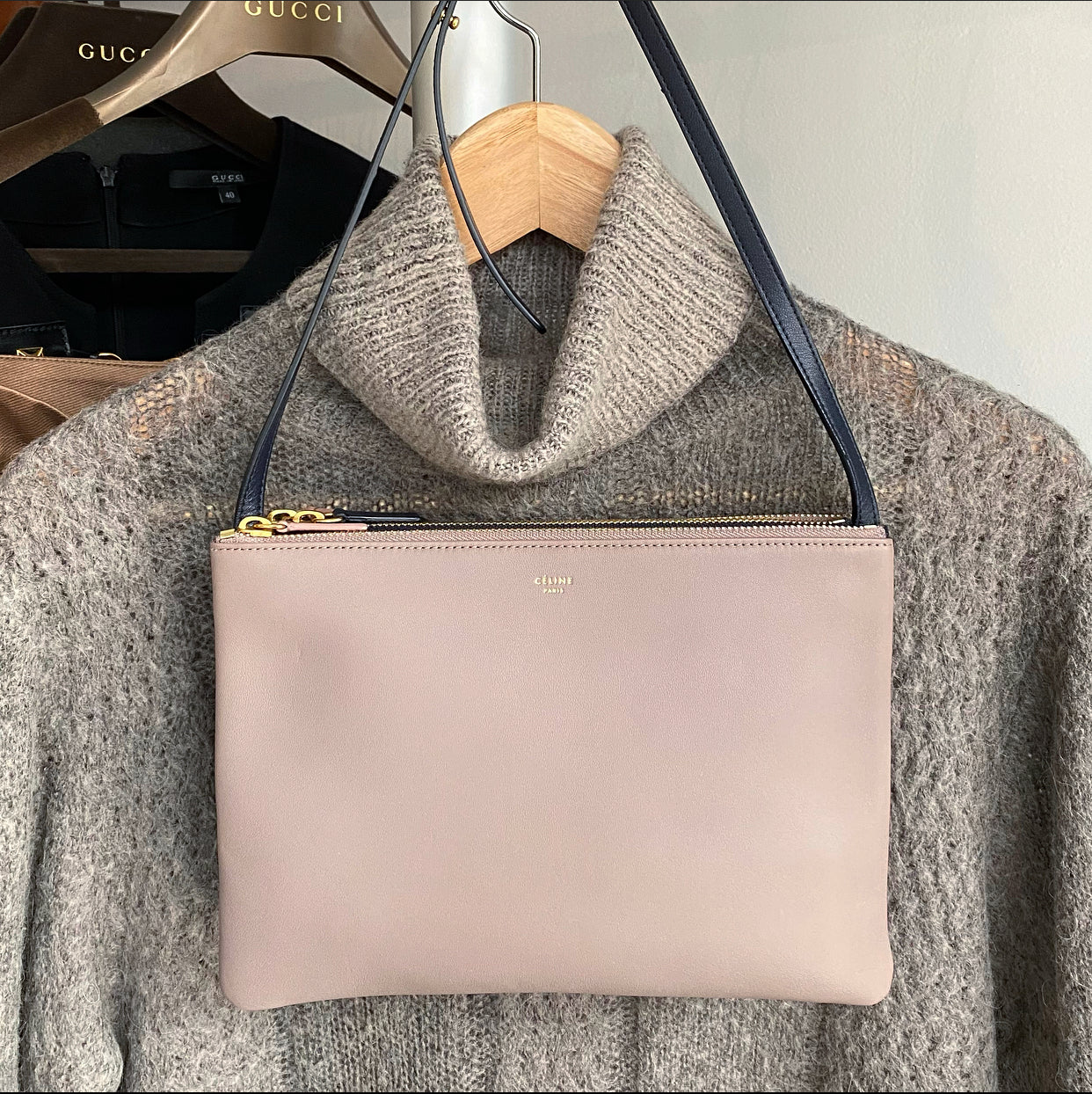 Celine Leather Trio Bag in Mauve, Navy, and Rose