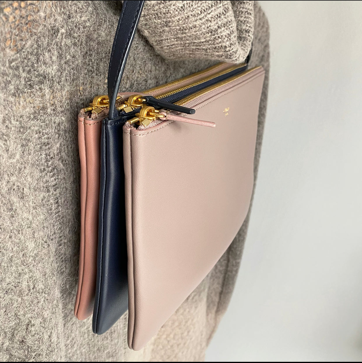Celine Leather Trio Bag in Mauve, Navy, and Rose