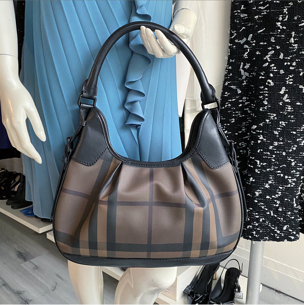 Burberry Shadow Check Coated Canvas and Leather Hobo Bag