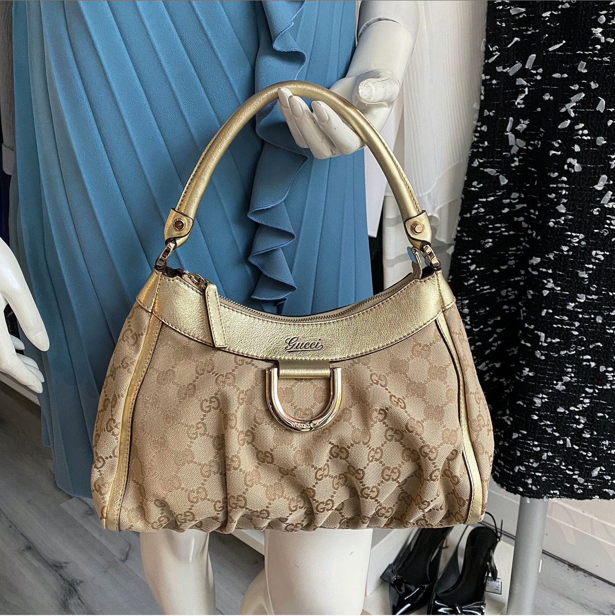 Gucci Gold Monogram Canvas Small Hobo Bag