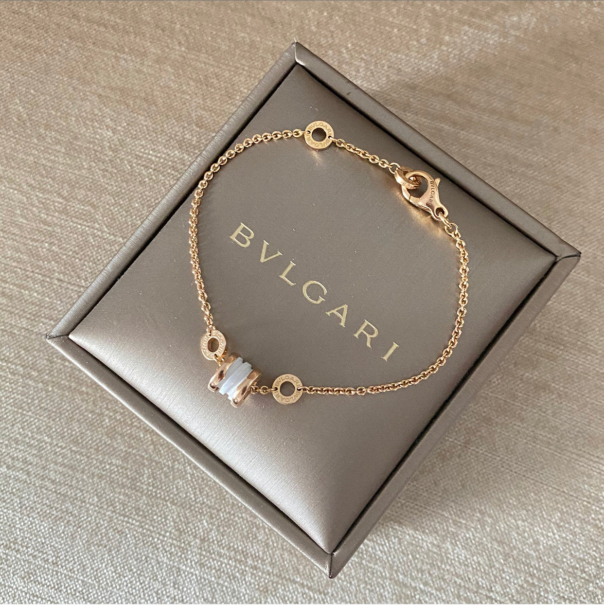 Bulgari B.Zero1 18k Rose Gold White Ceramic Soft Bracelet - S/M