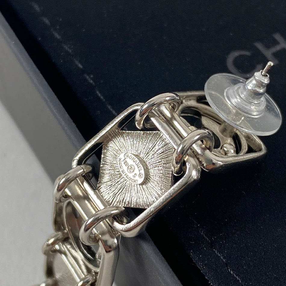 Chanel 20S Long Silver Crystal Logo Link Earrings