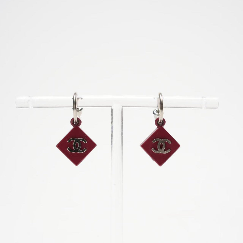 Chanel CC Burgundy Red Enamel Silver Tone Earrings
