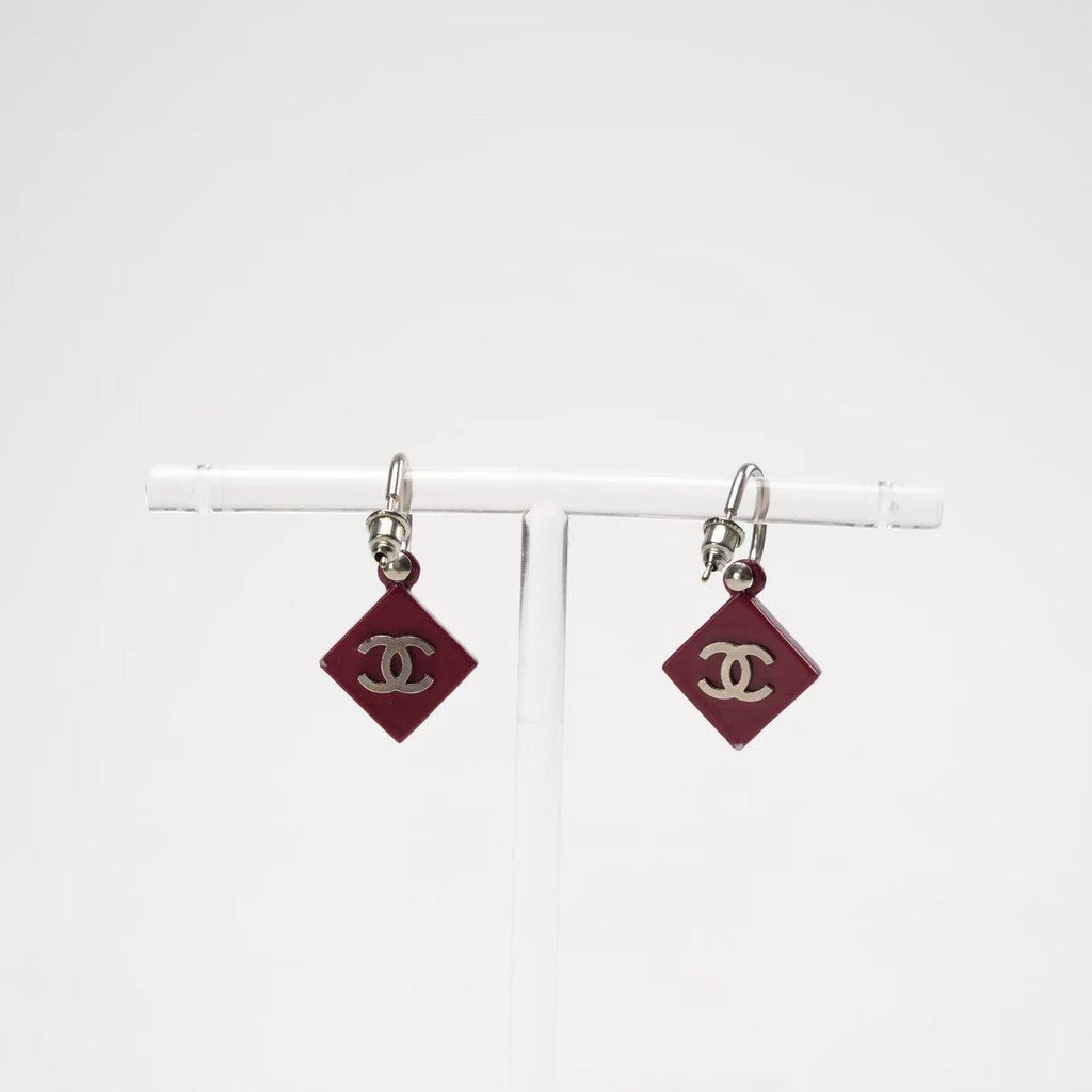 Chanel CC Burgundy Red Enamel Silver Tone Earrings