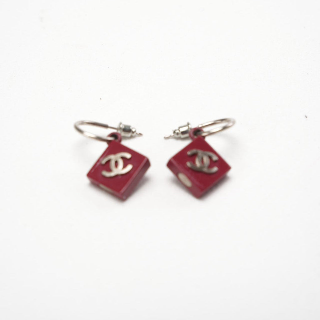 Chanel CC Burgundy Red Enamel Silver Tone Earrings
