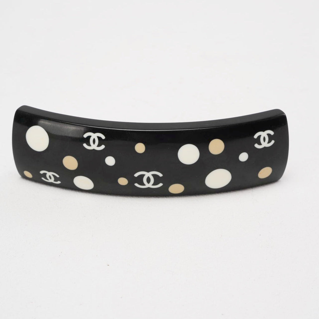 Chanel Vintage Black Ecru Polka Dot CC Logo Hair Clip