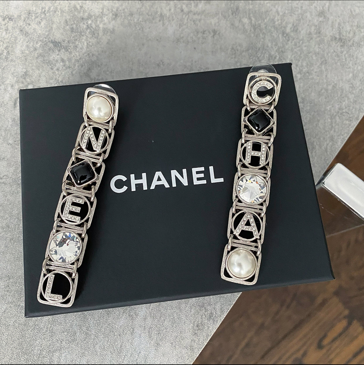 Chanel 20S Long Silver Crystal Logo Link Earrings
