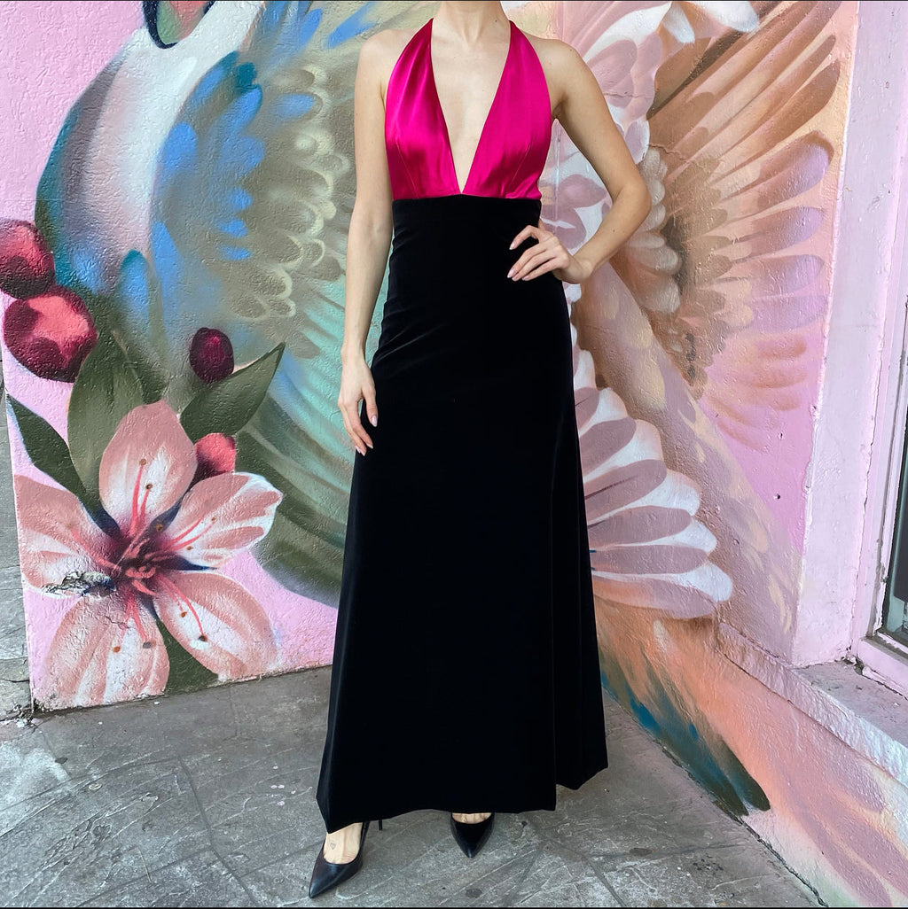 Gucci Fuchsia Pink and Black Velvet Halter Gown - IT38 / USA 2