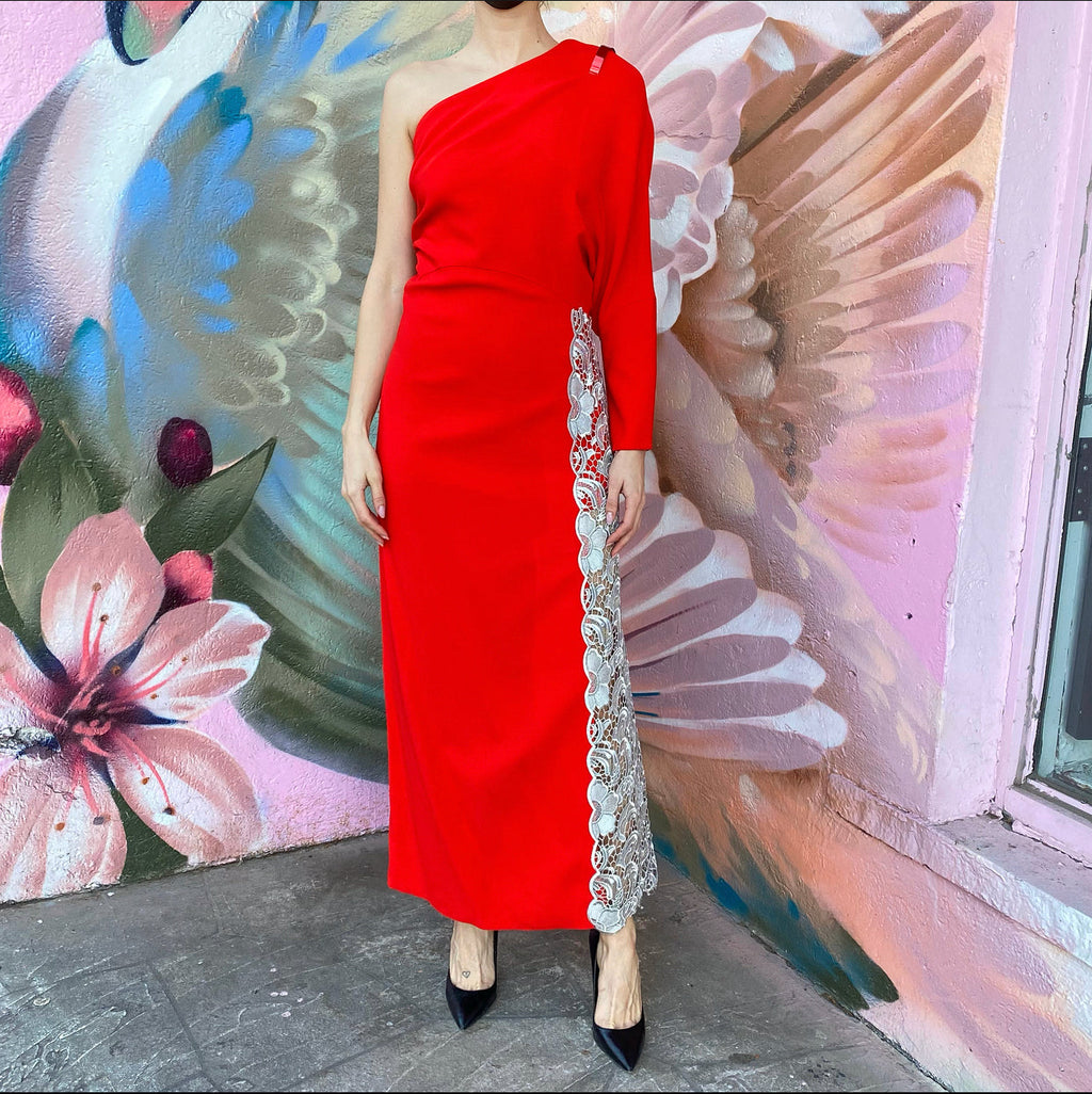 Givenchy SS2013 Red One Sleeve silver Lace Trim Gown - FR38 / USA 6