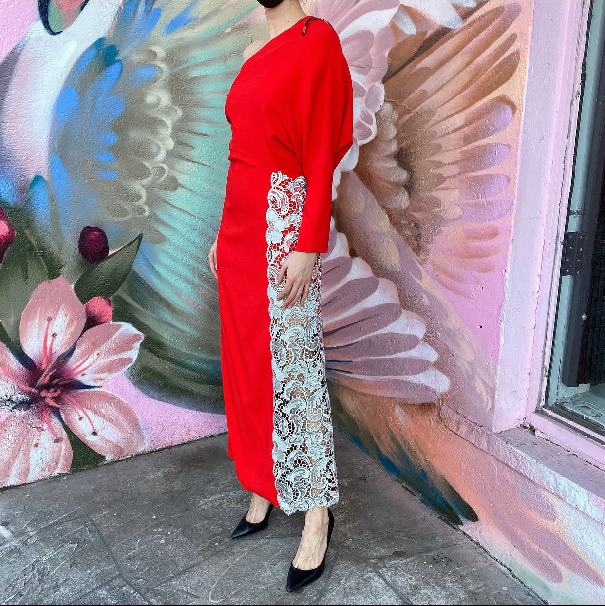 Givenchy SS2013 Red One Sleeve silver Lace Trim Gown - FR38 / USA 6