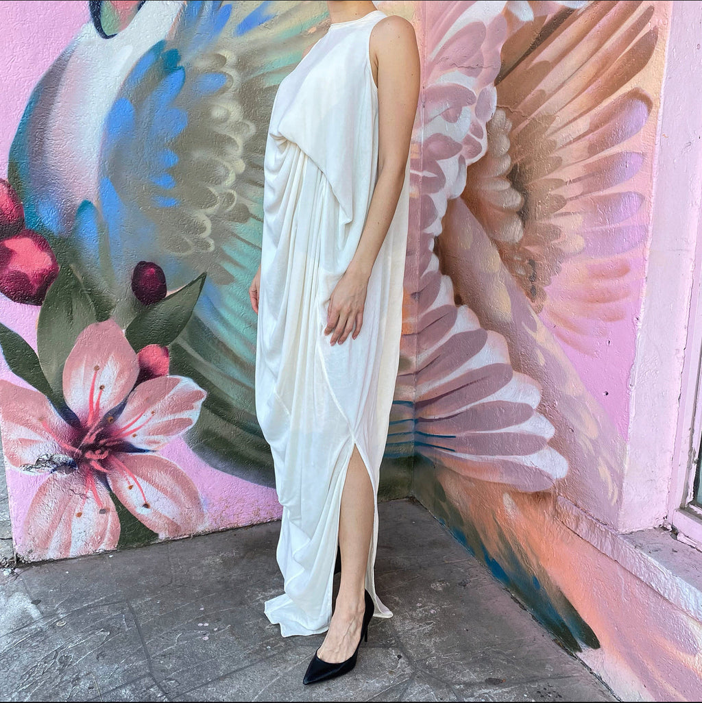 Rick Owens Milk White Velvet Sleeveless Draped Gown Dress - IT40 / USA 4