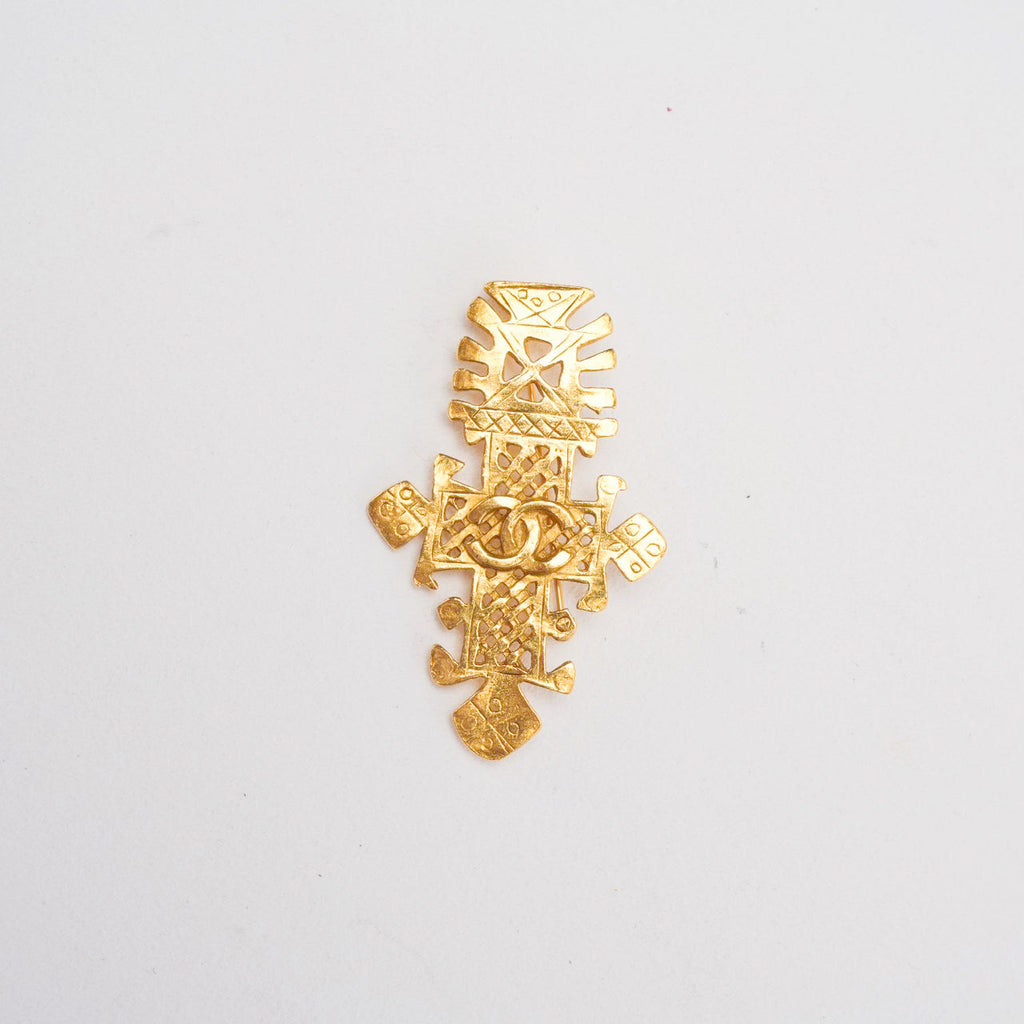 Chanel Gold Plated CC Logos Cross Vintage Brooch