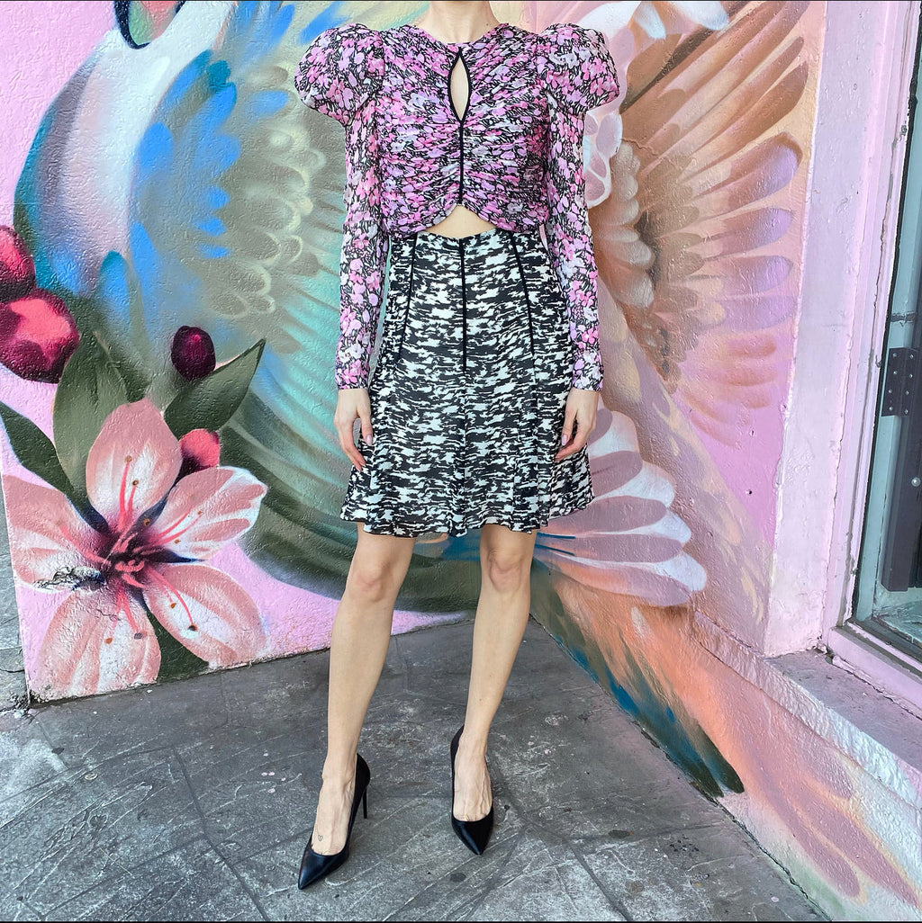 Giambattista Valli Pink and Black Floral Puff Sleeve Silk Dress - IT38 / USA 2