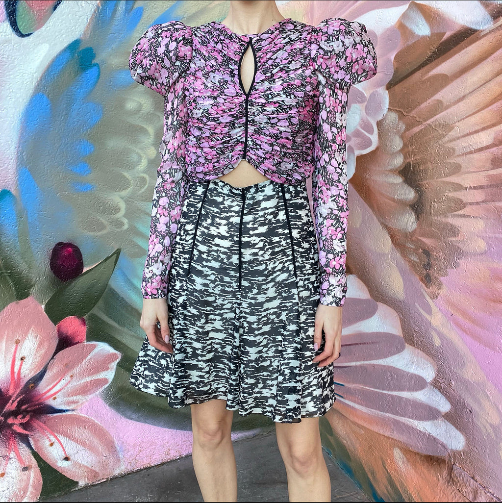Giambattista Valli Pink and Black Floral Puff Sleeve Silk Dress - IT38 / USA 2