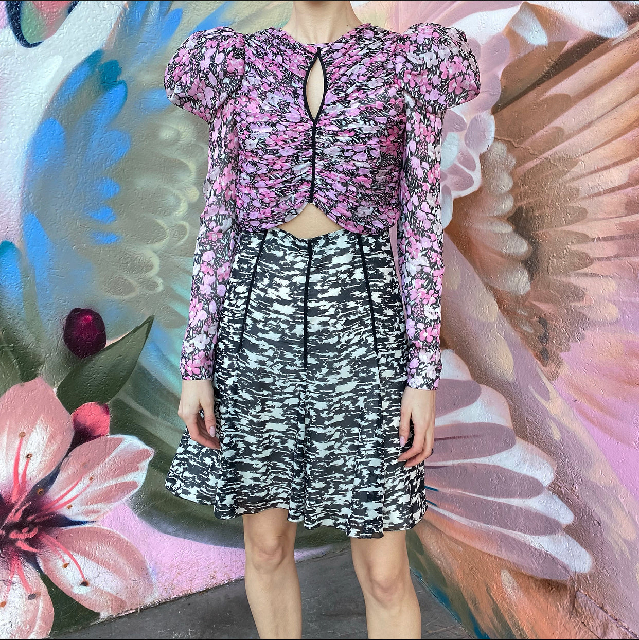 Giambattista Valli Pink and Black Floral Puff Sleeve Silk Dress - IT38 / USA 2