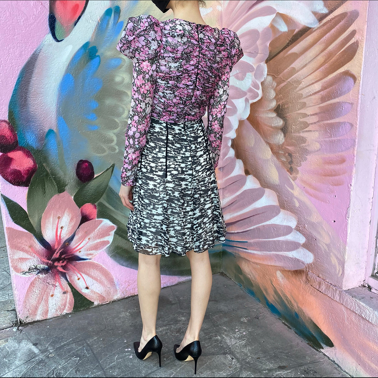 Giambattista Valli Pink and Black Floral Puff Sleeve Silk Dress - IT38 / USA 2
