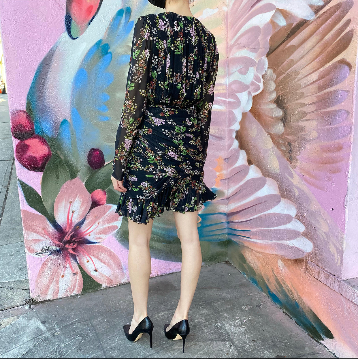 Giambattista Valli Black Silk Floral Draped Dress - IT46 / USA 10