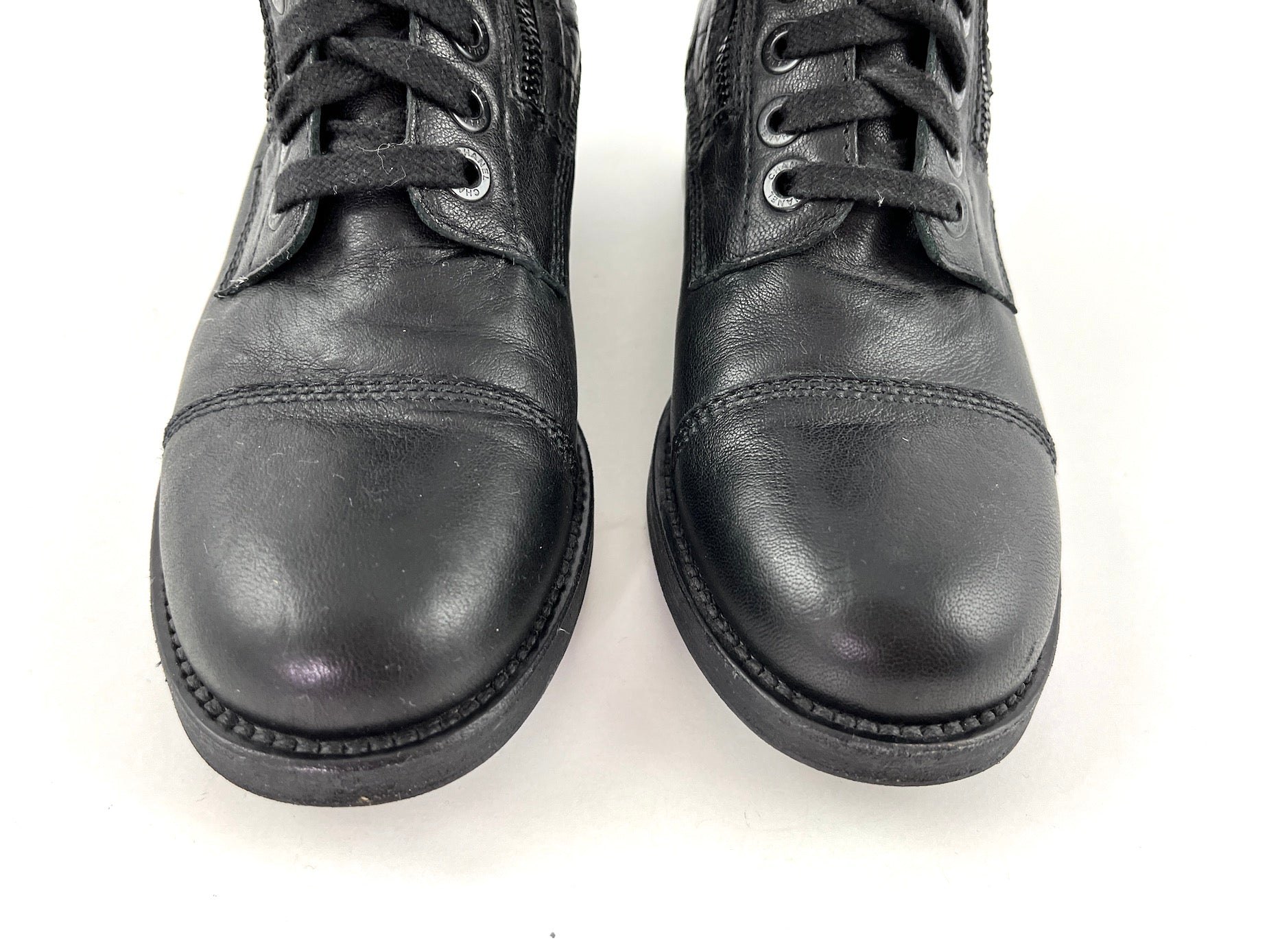 CHANEL Black Quilted Leather Interlocking CC Logo Combat Boots 39 8