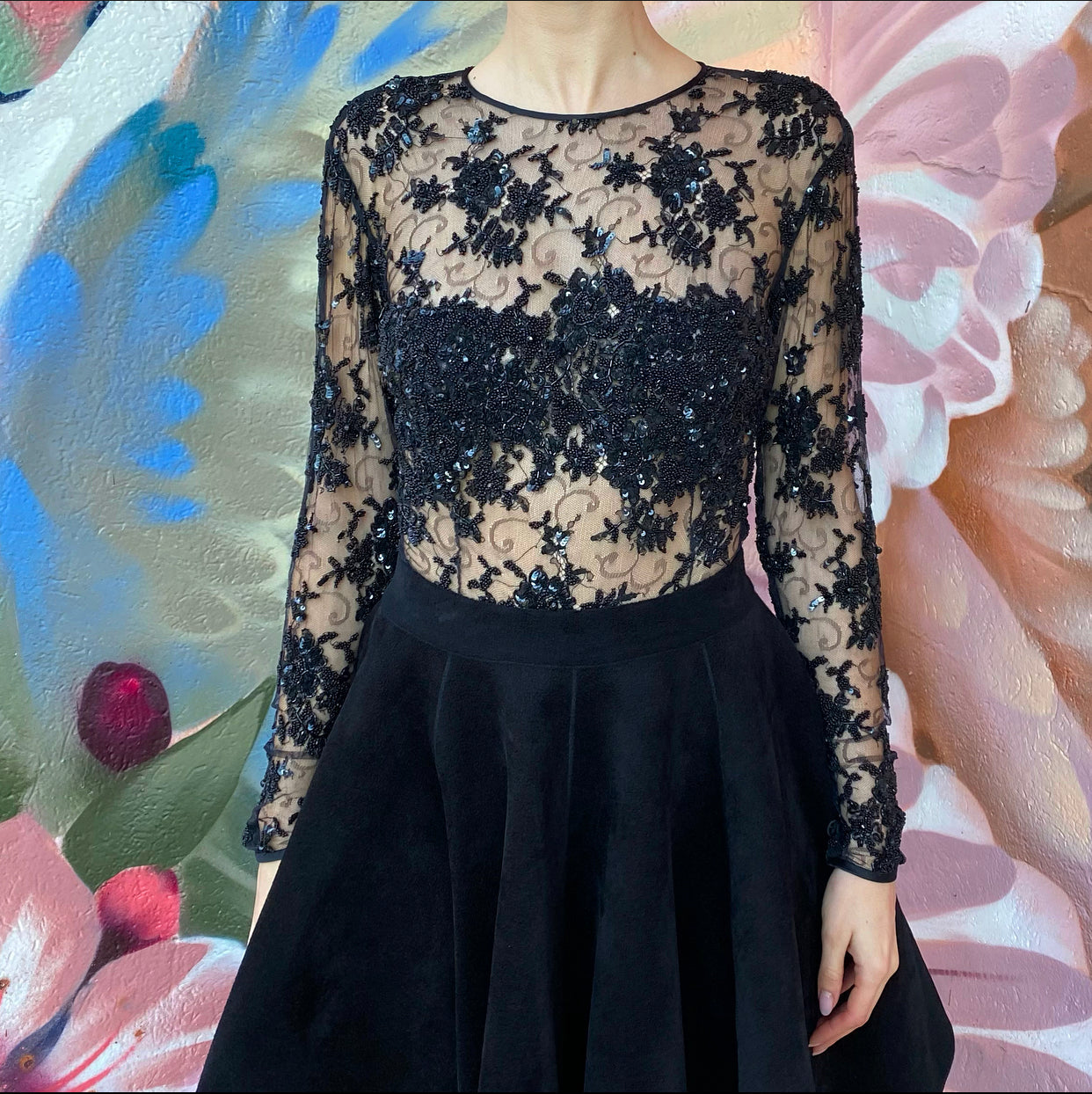 Juanita Sabadini Black Mesh Sheer Illusion Beaded Bodysuit - FR38 / USA 6