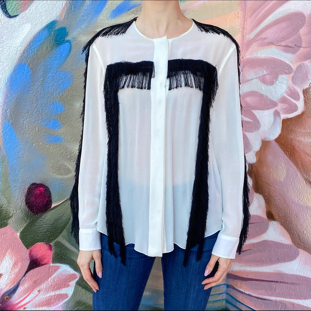 Chloe Ivory Long Sleeve Blouse with Black Fringe Detail - FR38 / USA 6