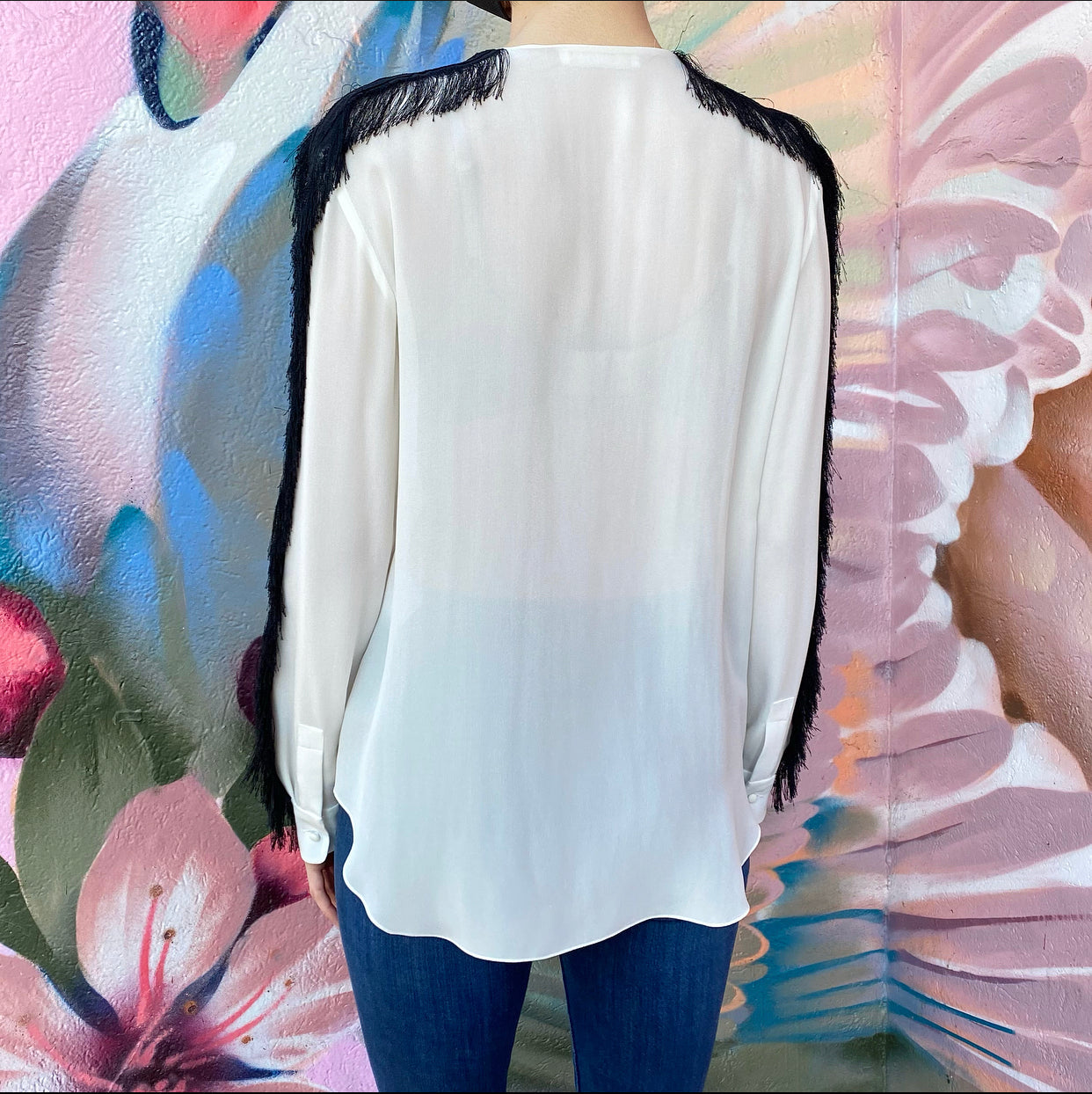 Chloe Ivory Long Sleeve Blouse with Black Fringe Detail - FR38 / USA 6