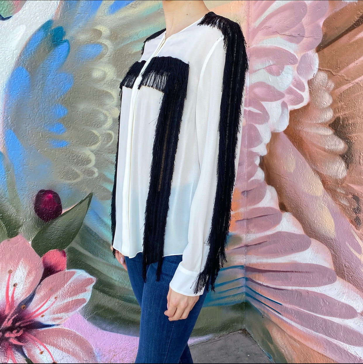 Chloe Ivory Long Sleeve Blouse with Black Fringe Detail - FR38 / USA 6