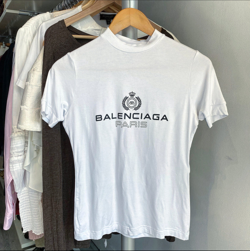 Balenciaga White Stretch Jersey Mock Neck Logo Top - S