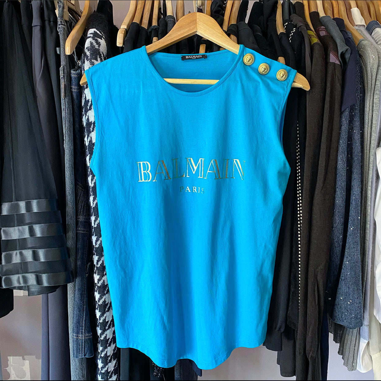 Balmain Blue and Gold Logo Tank Top - S (4/6)