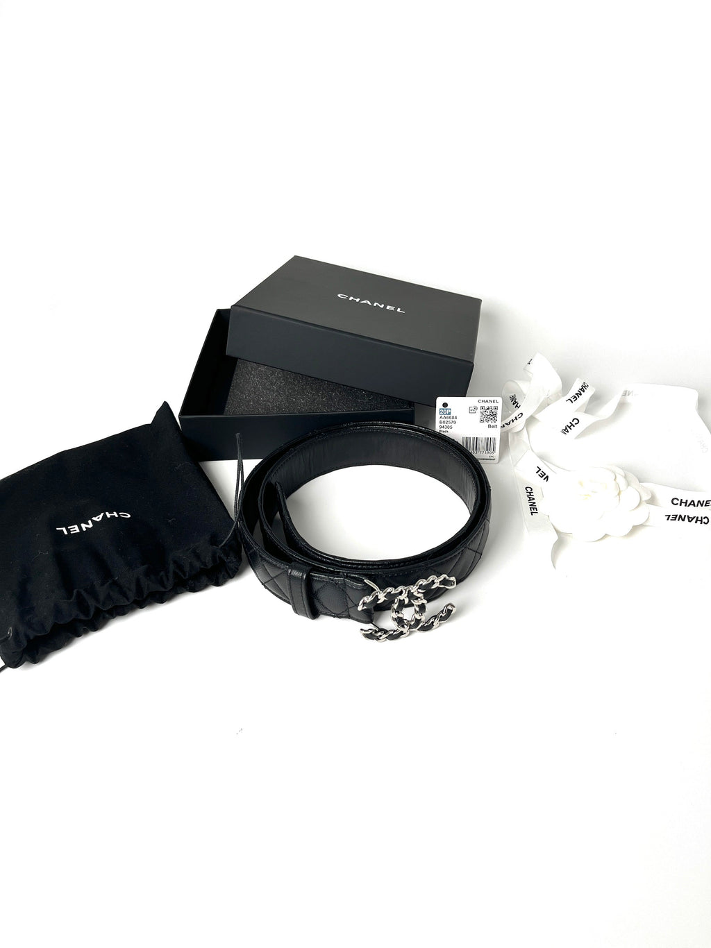 CHANEL B20 Black Quilted Caviar CC Buckle Silver Logo Leather Belt 90 36