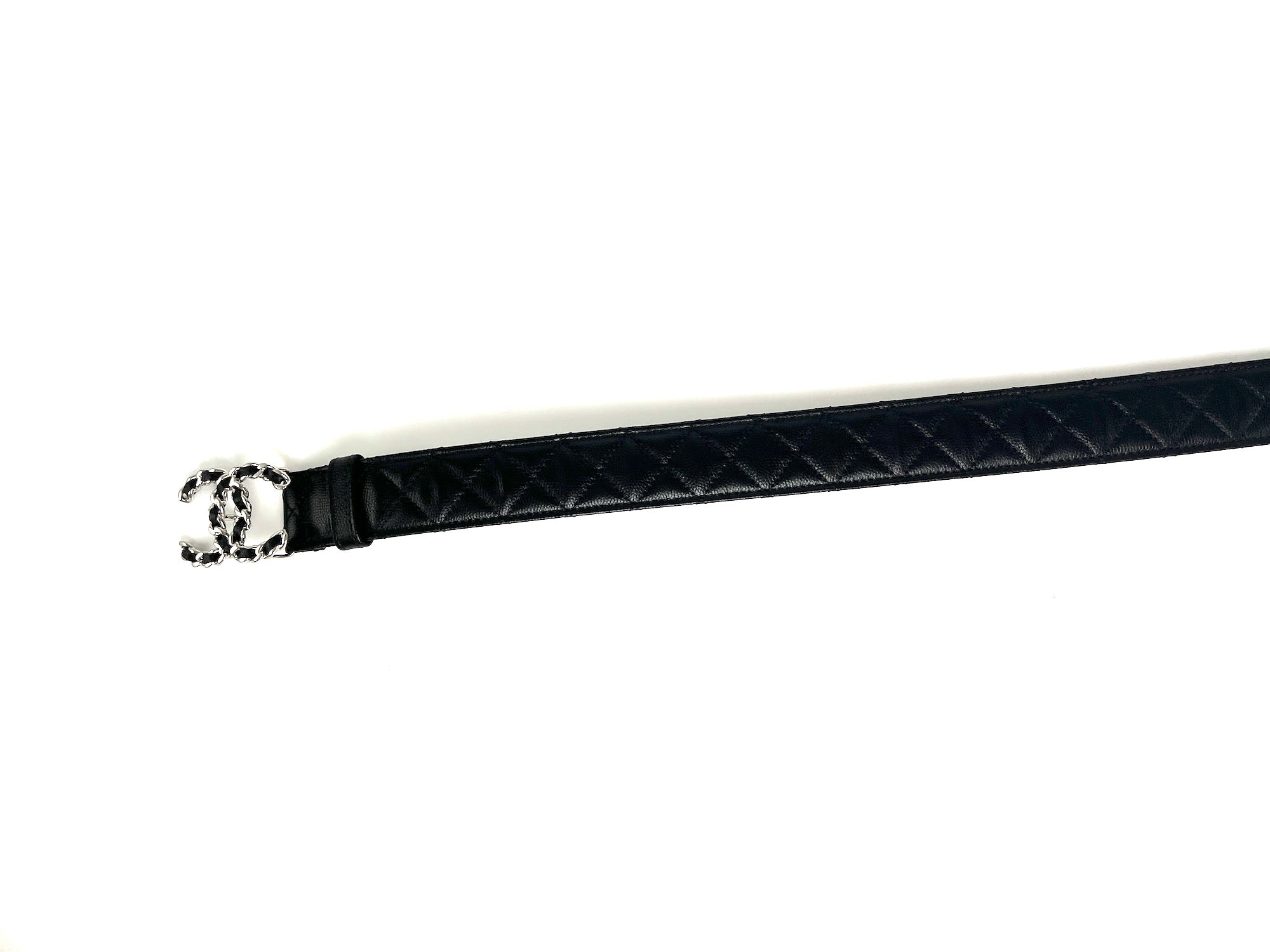 CHANEL B20 Black Quilted Caviar CC Buckle Silver Logo Leather Belt 90 36