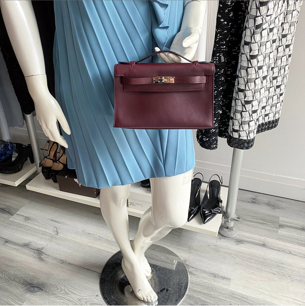 Hermes Kelly Pochette Burgundy Swift Leather SHW