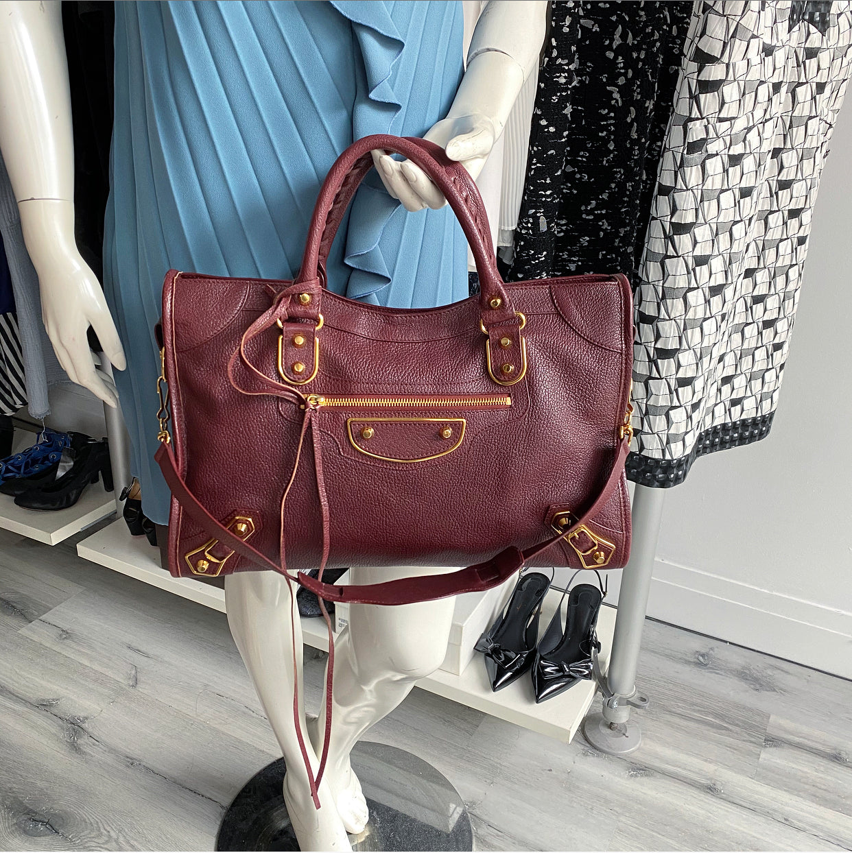 Balenciaga Burgundy Metallic Edge City Medium Bag