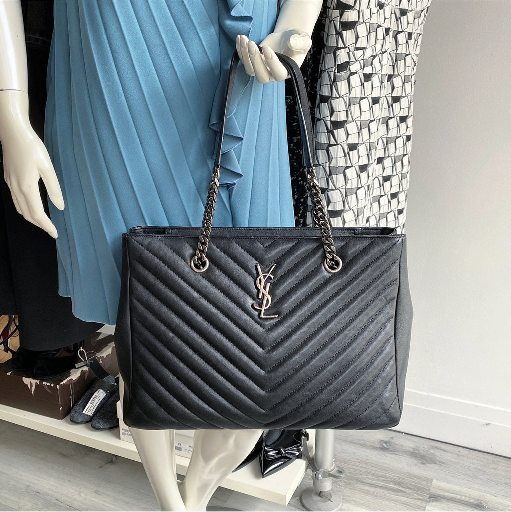 Saint Laurent Black Logo Chevron Quilted Chain Tote Bag