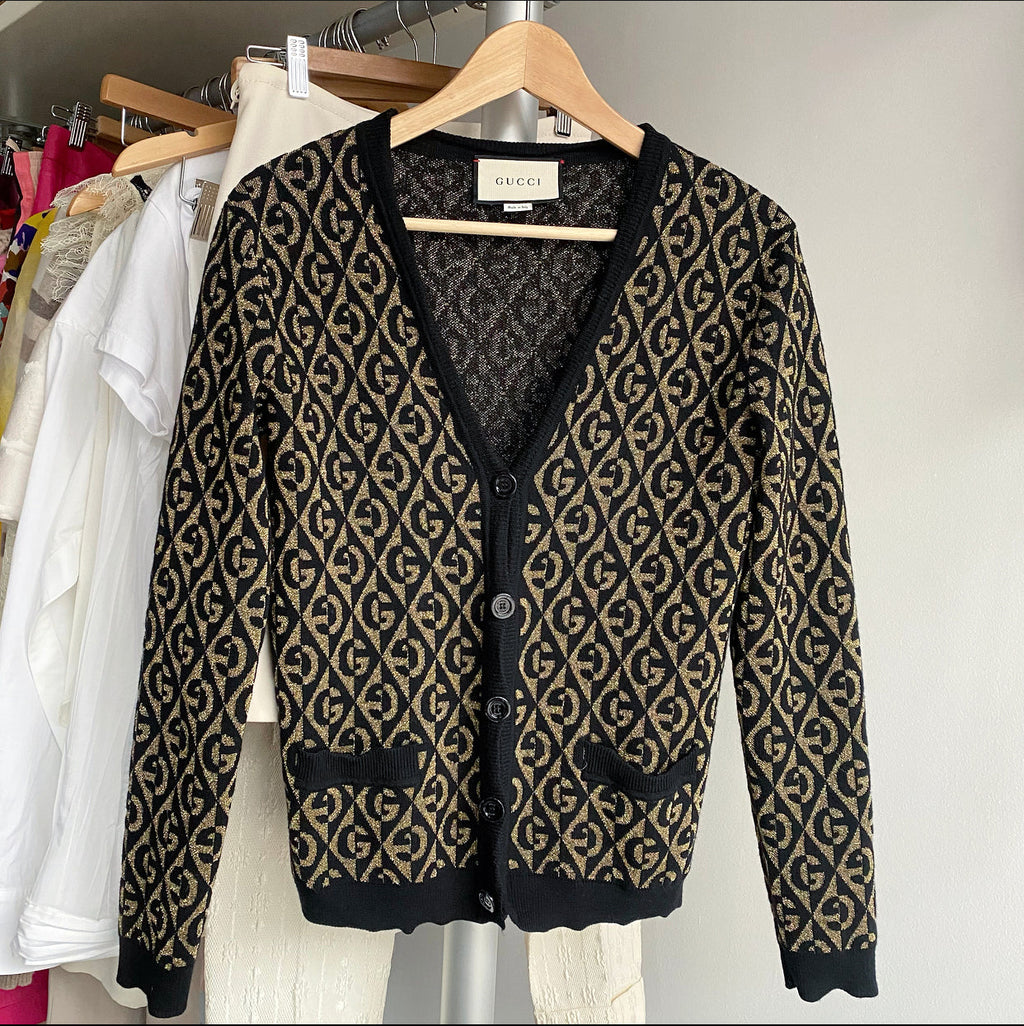 Gucci Black and Gold GG Logo Knit igan Sweater - XS
