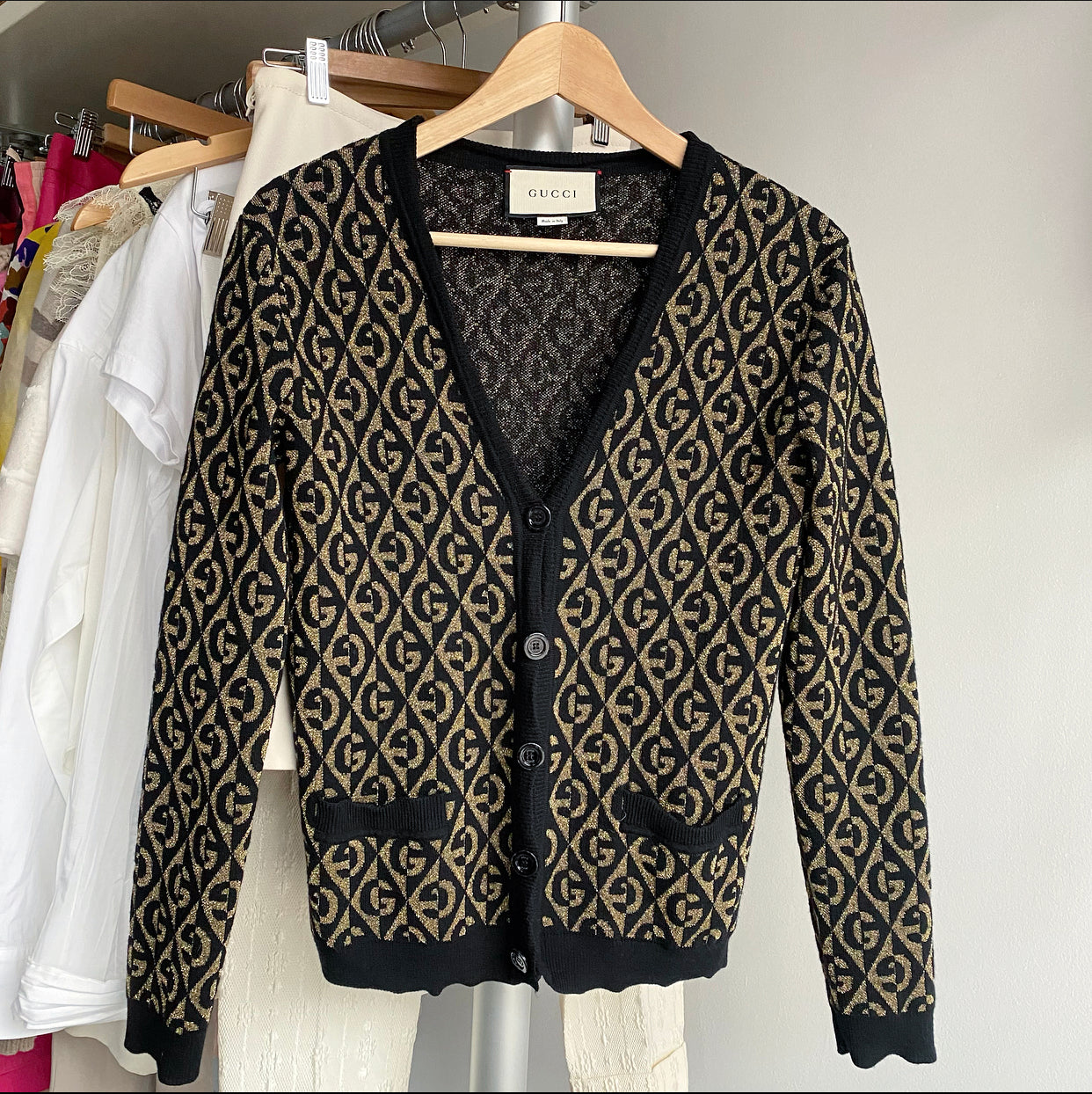Gucci Black and Gold GG Logo Knit igan Sweater - XS