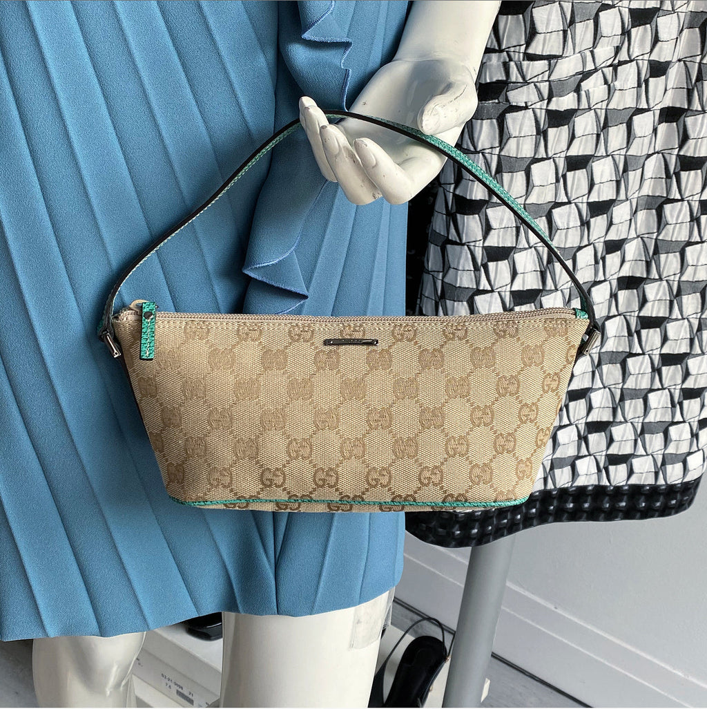 Gucci Monogram Canvas Turquoise Small Boat Pochette Bag