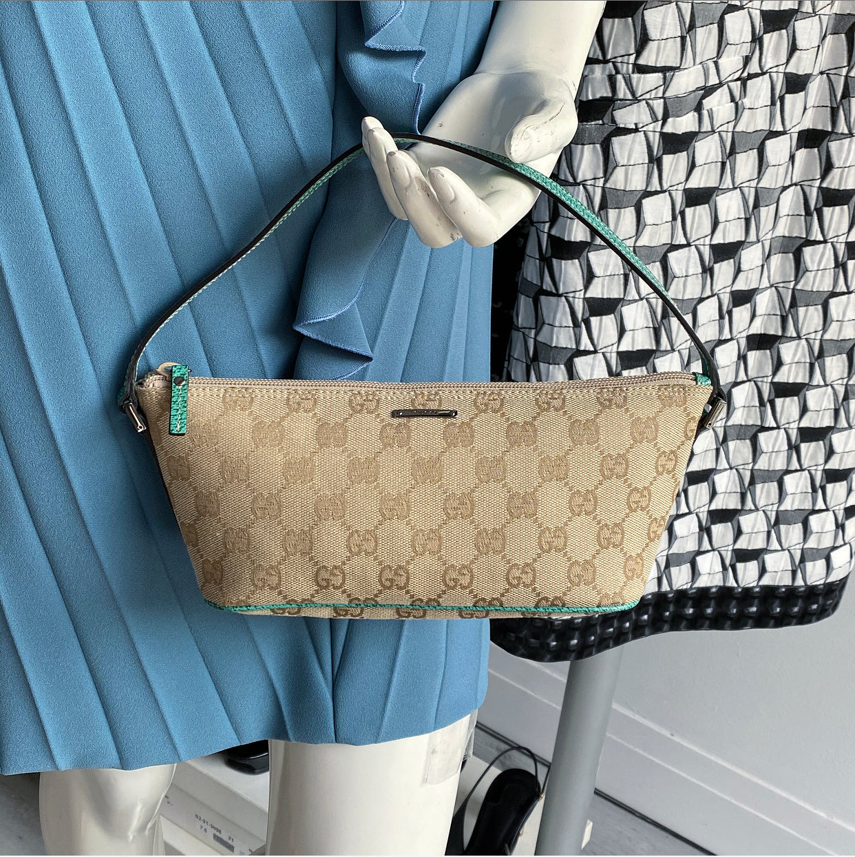 Gucci Monogram Canvas Turquoise Small Boat Pochette Bag