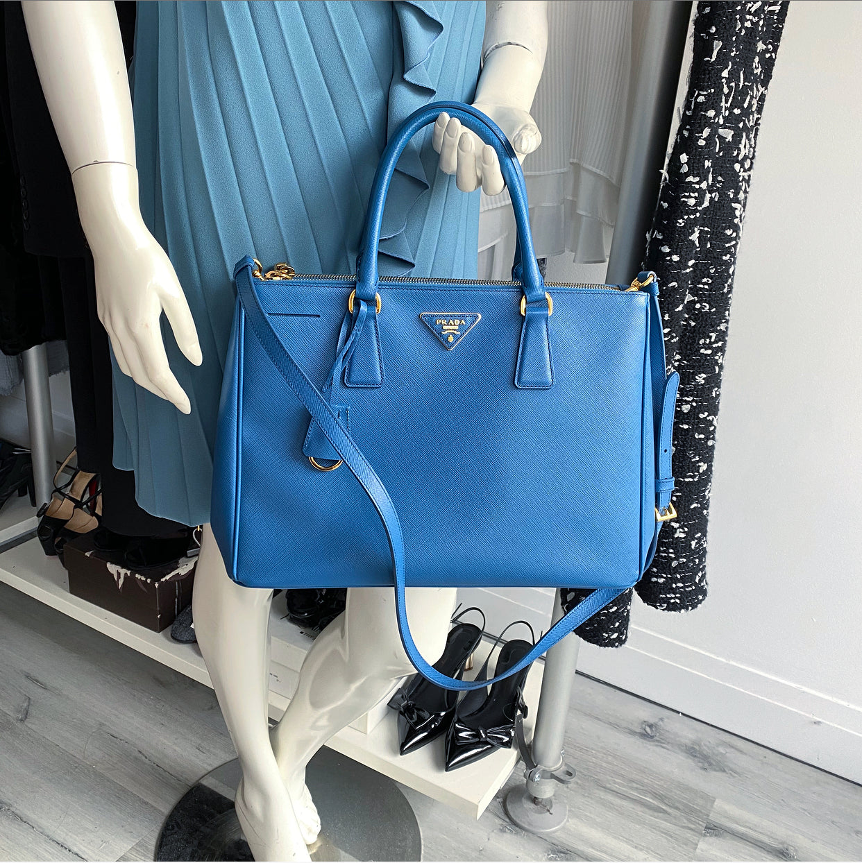 Prada Blue Saffiano Lux Double Galleria Tote Bag