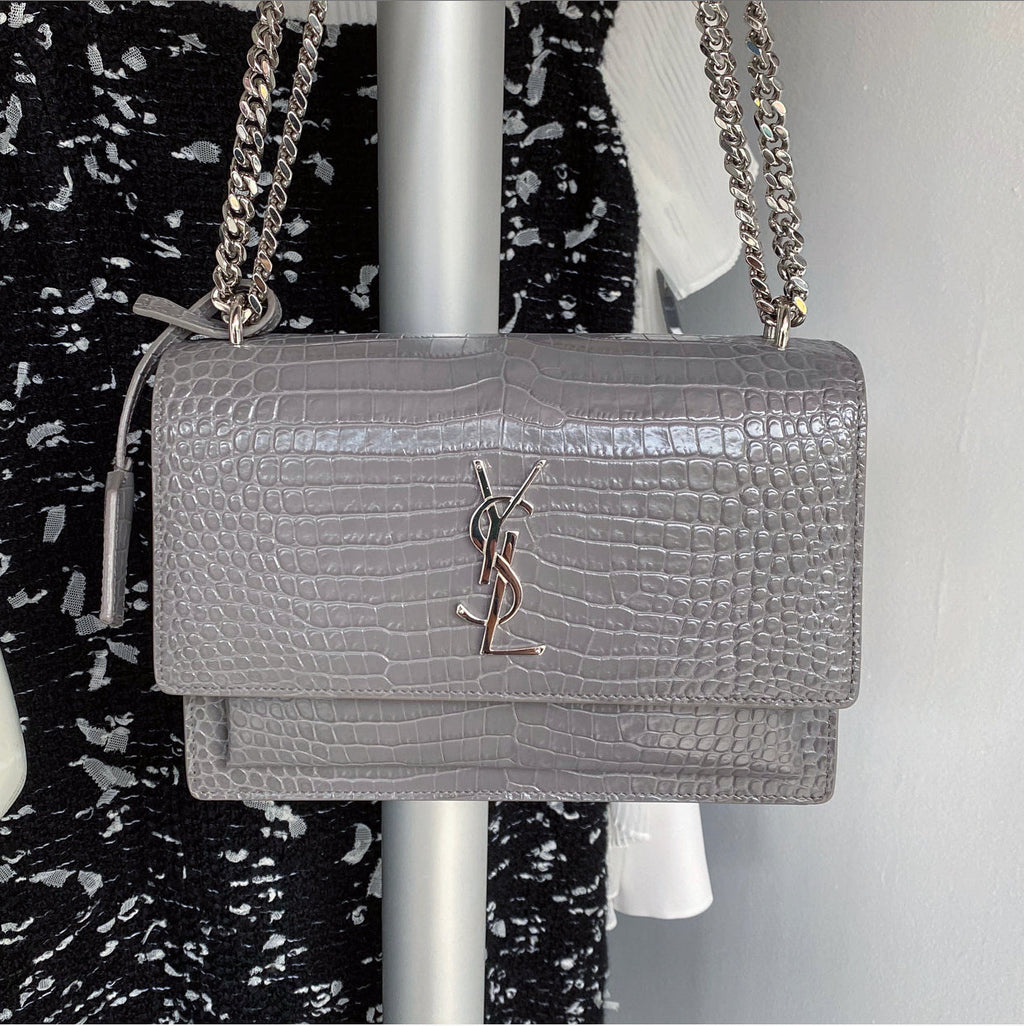 Saint Laurent Grey Croc Embossed Medium Sunset Bag