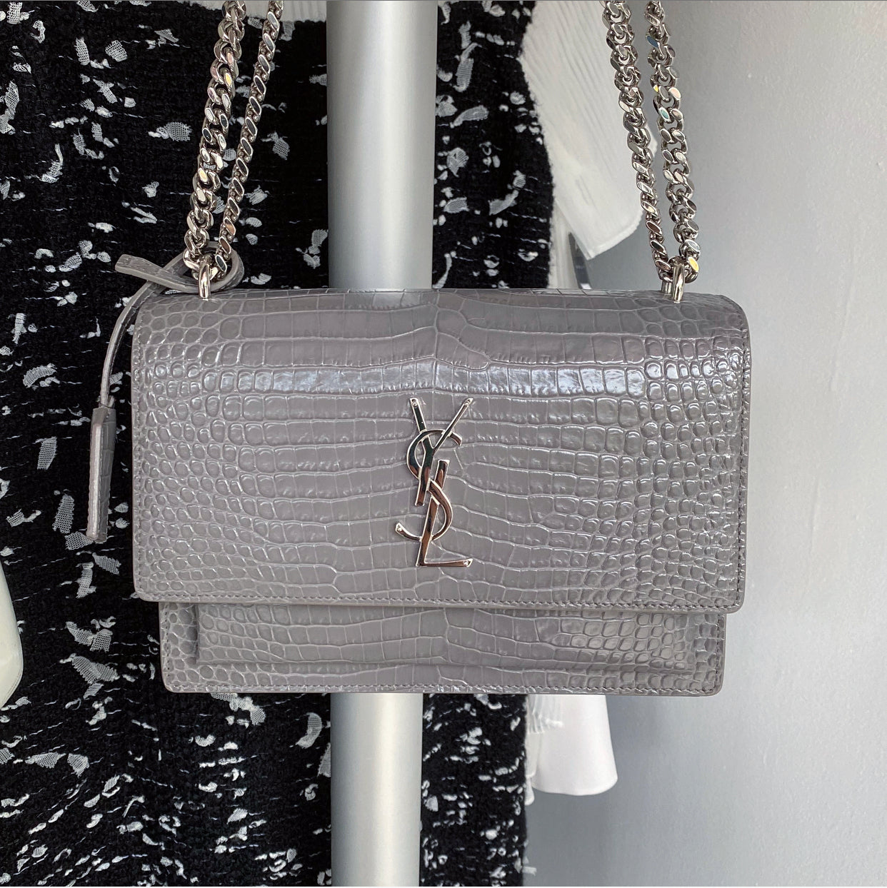 Saint Laurent Grey Croc Embossed Medium Sunset Bag