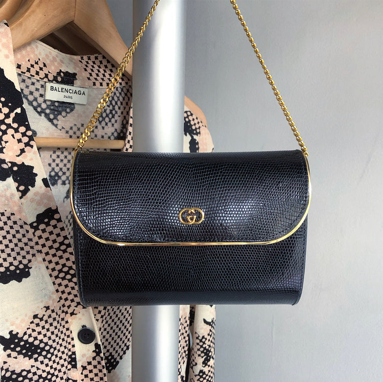 Gucci Vintage 1980’s Black Lizard Chain Strap Evening Bag