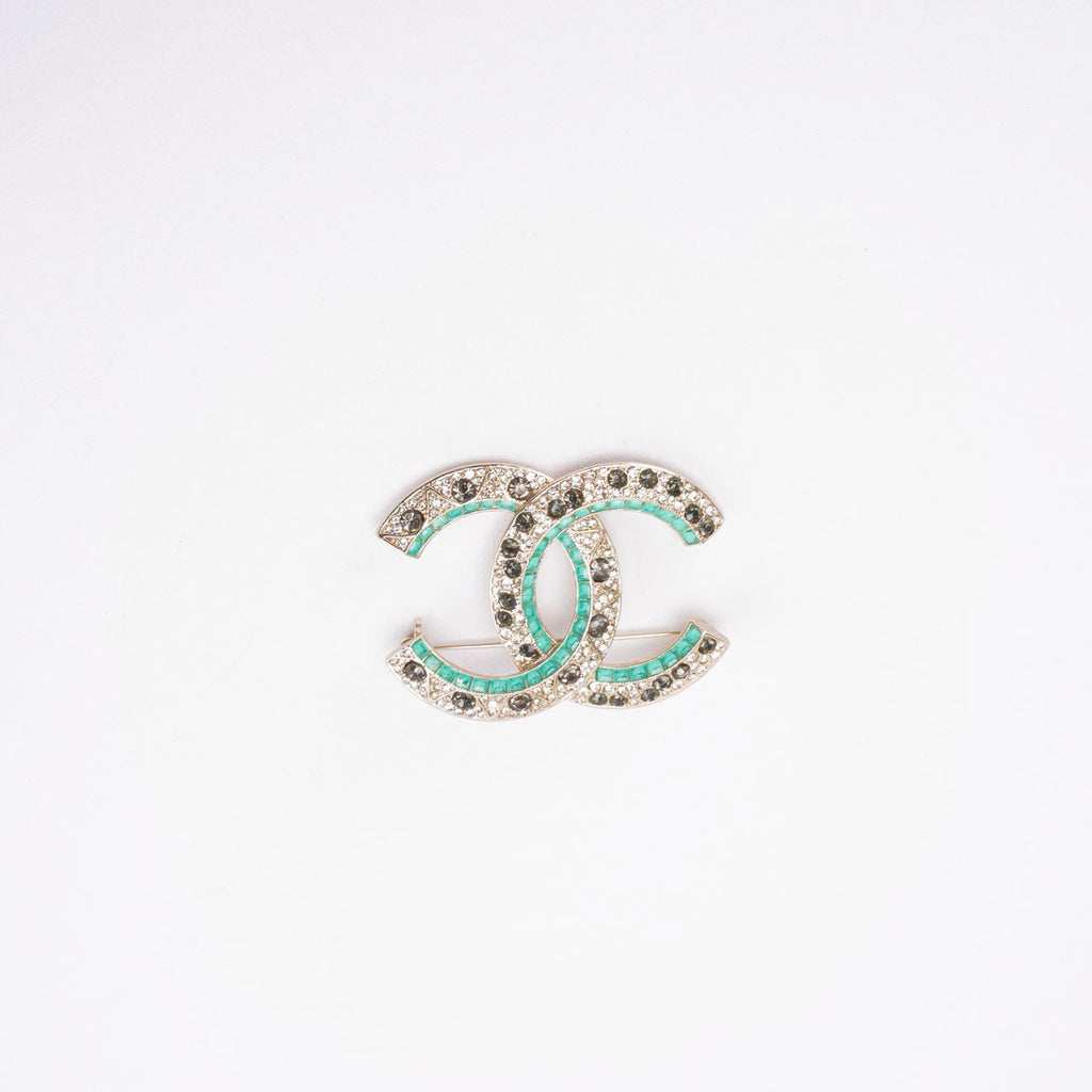 Chanel CC Green & Gold Metal Brooche