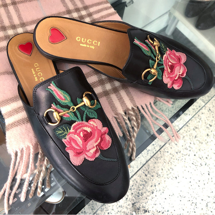 Gucci Princetown Slipper with Embroidered Rose - 6.5