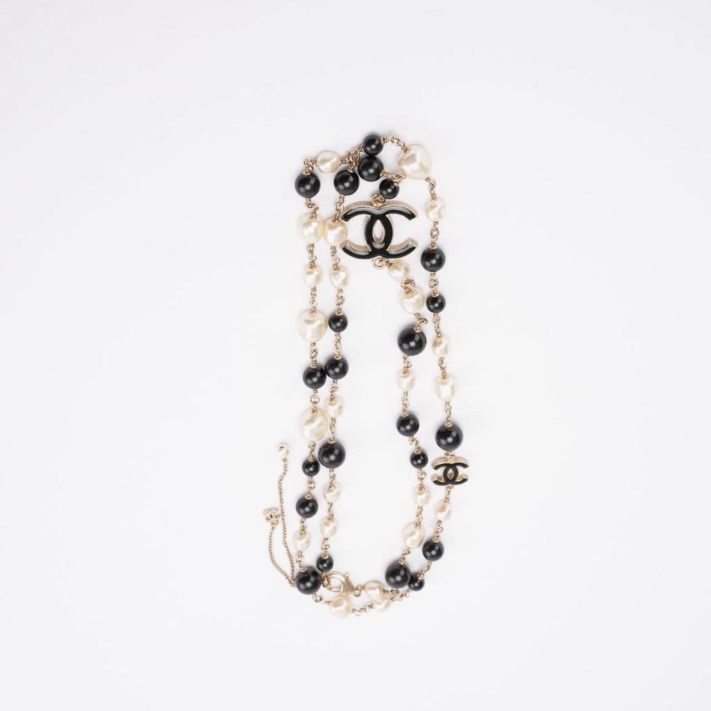 Chanel CC Long Necklace with Black Beads and Faux Pearls