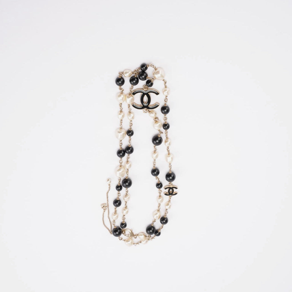 Chanel CC Long Necklace with Black Beads and Faux Pearls