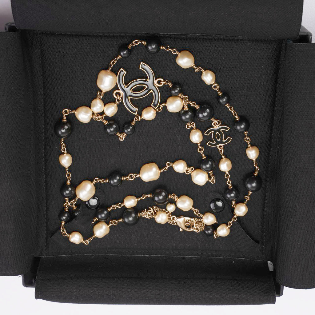Chanel CC Long Necklace with Black Beads and Faux Pearls
