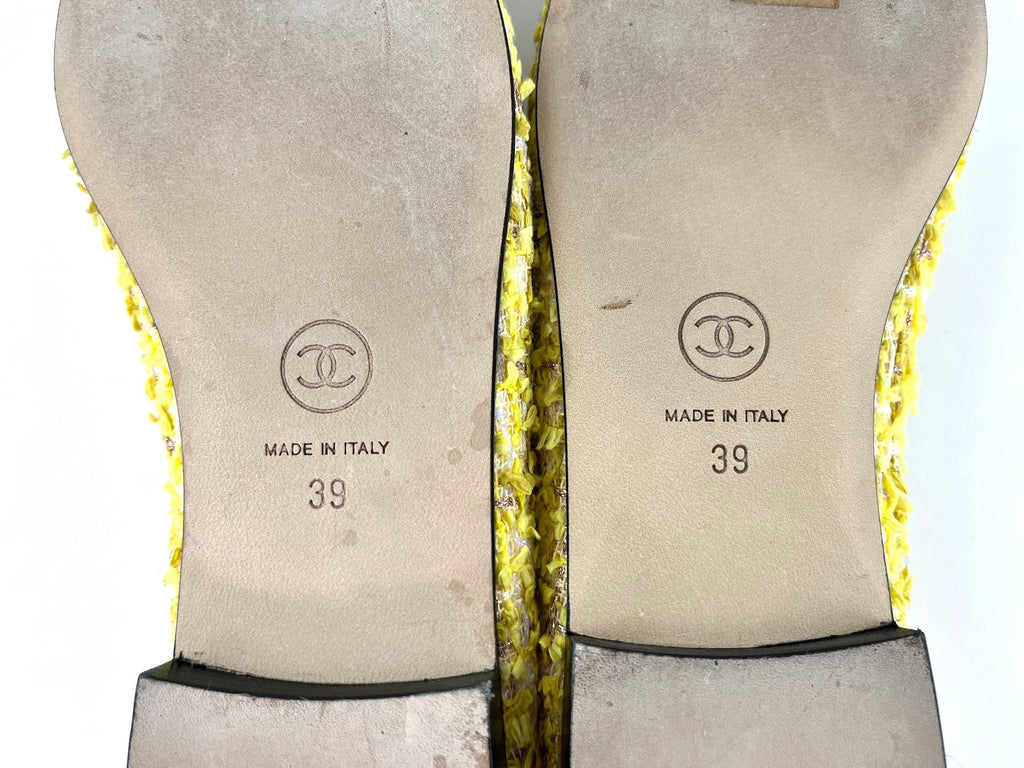 Chanel 20P Yellow Tweed Black Cap Toe Ballerina Flats 39