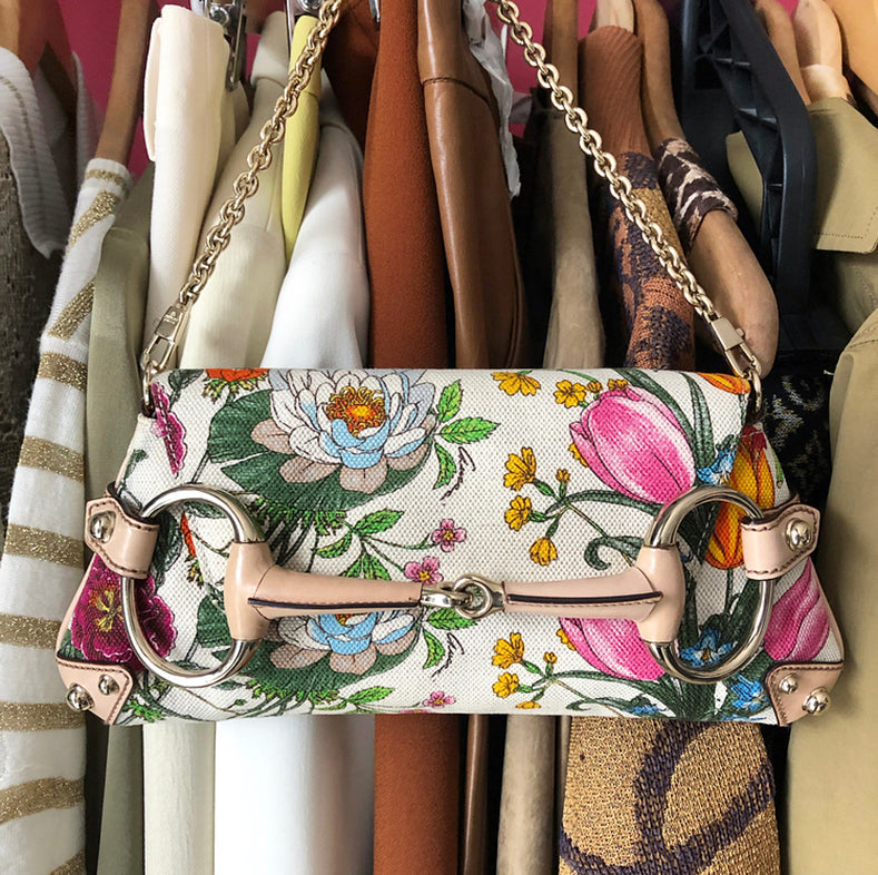 Gucci Flora and Fauna Canvas Horsebit Chain Baguette Small Shoulder Bag