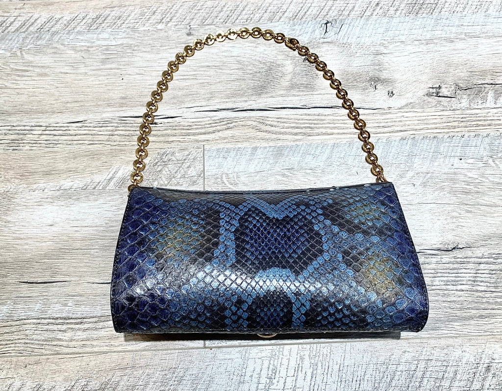 SALVATORE FERRAGAMO GANCINI BLUE PYTHON CLUTCH