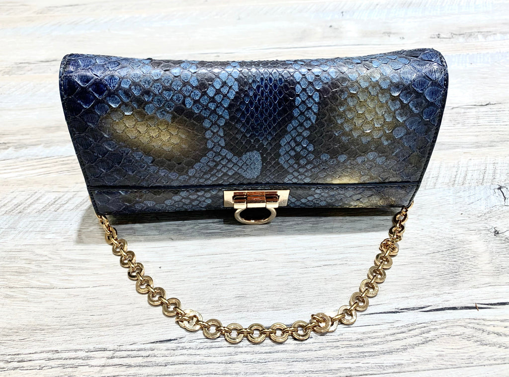 SALVATORE FERRAGAMO GANCINI BLUE PYTHON CLUTCH